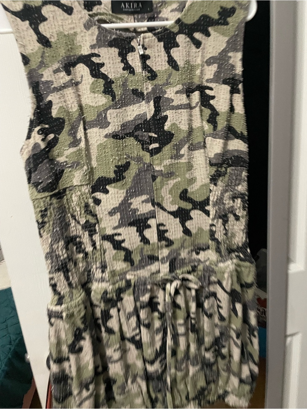 AKIRA Camouflage Smocked Drawstring Sundress in Green, Black & Cream sequins